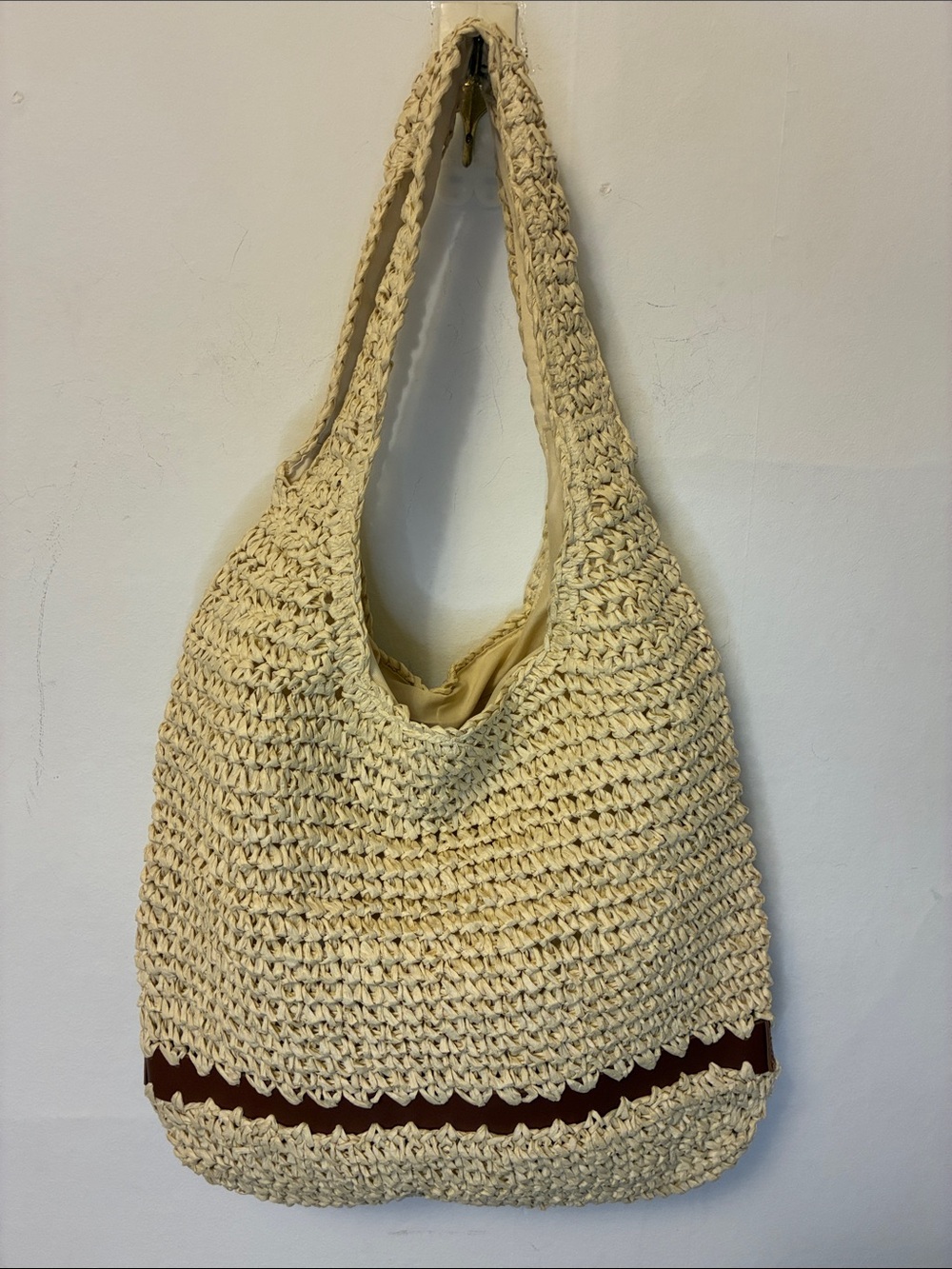 Handwoven Cream Crochet Raffia Straw Bucket Shoulder Bag with Brown Accent